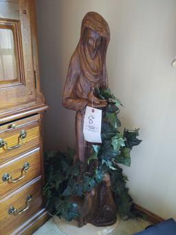 Wood Carved Statue and 2 Framed Pictures