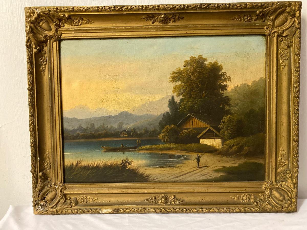 Unsigned oil on canvas of German landscape, 31.5 x 24.5 frame, 25.5 x 18.5 canvas.