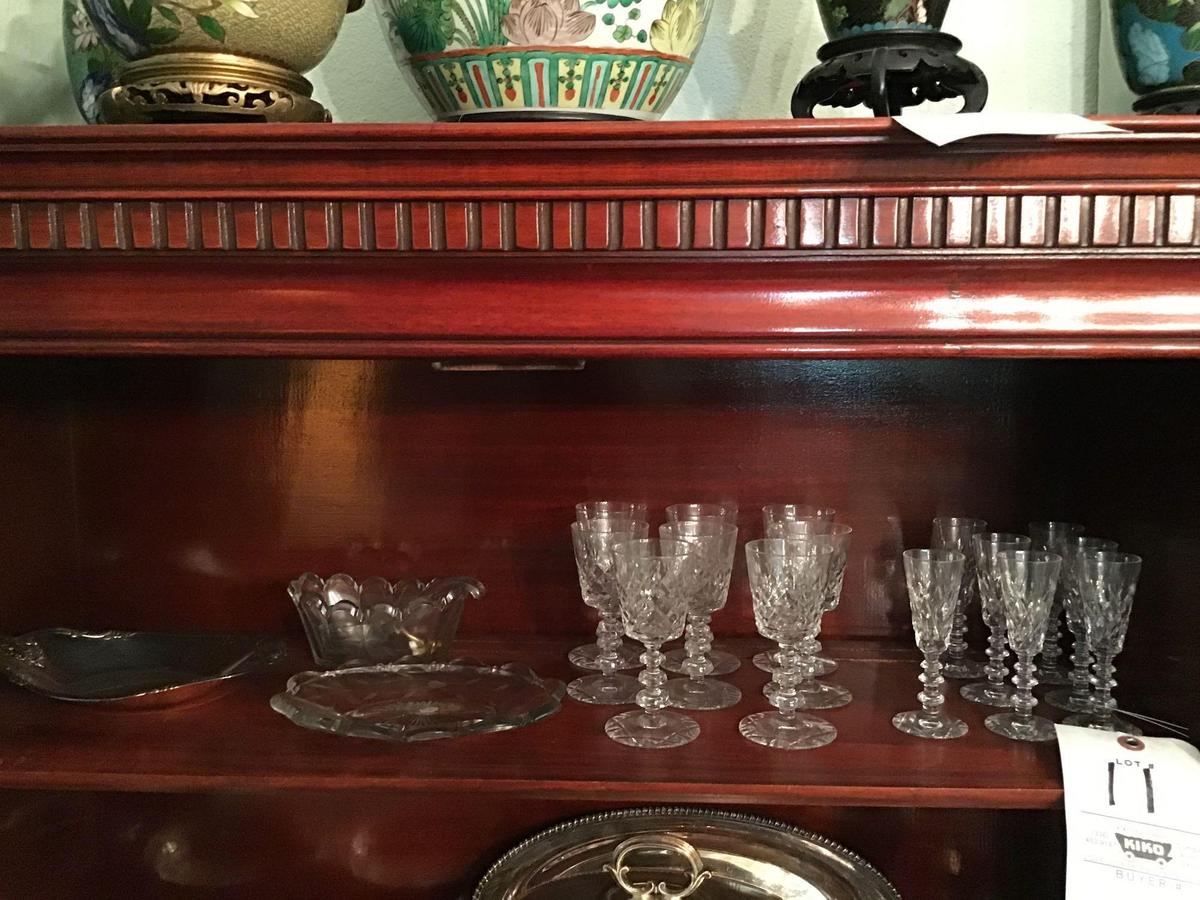 Pattern glass stemware and silver-plated dish