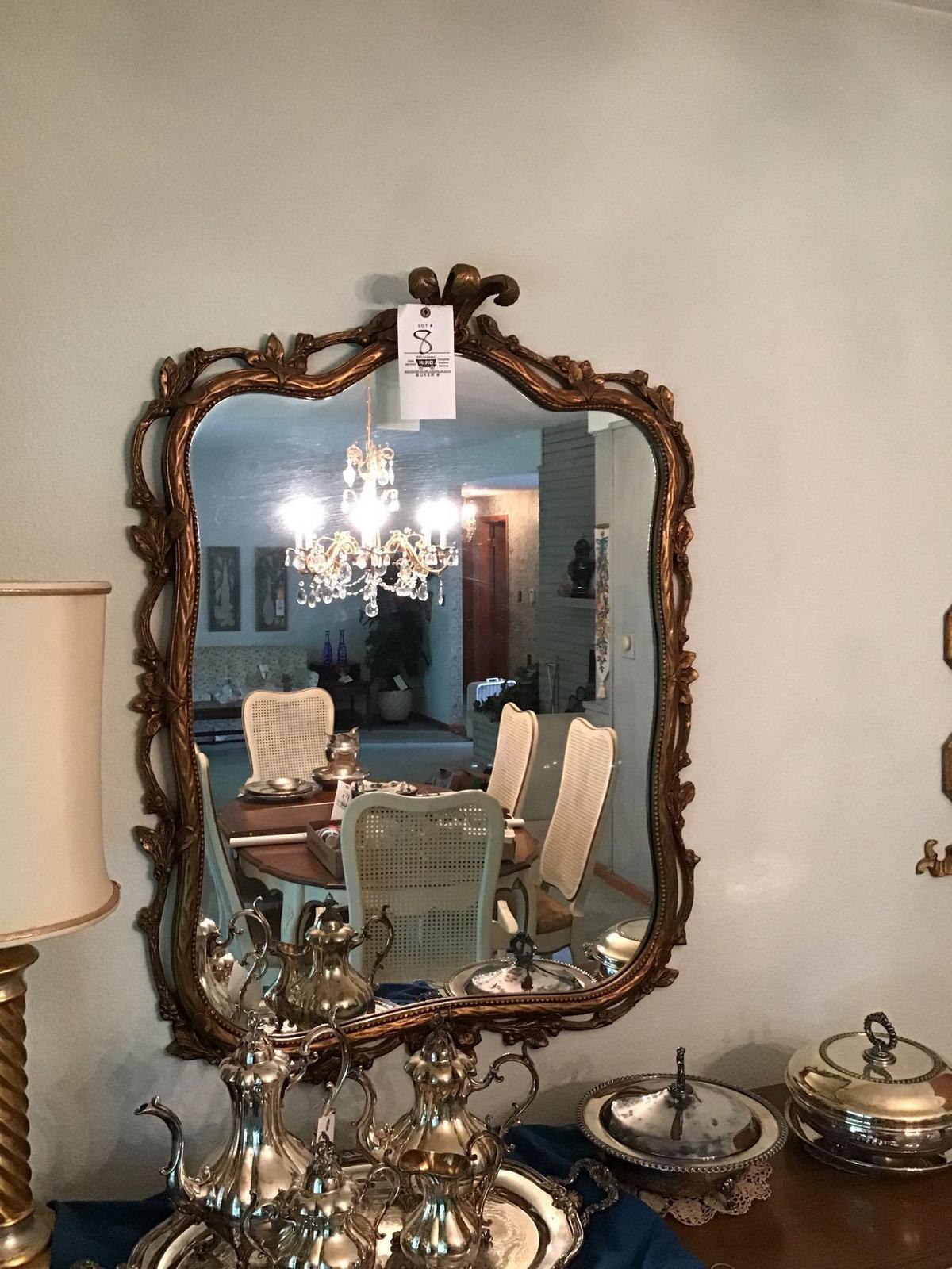 Gold framed mirror, framed bird plates, and lamp