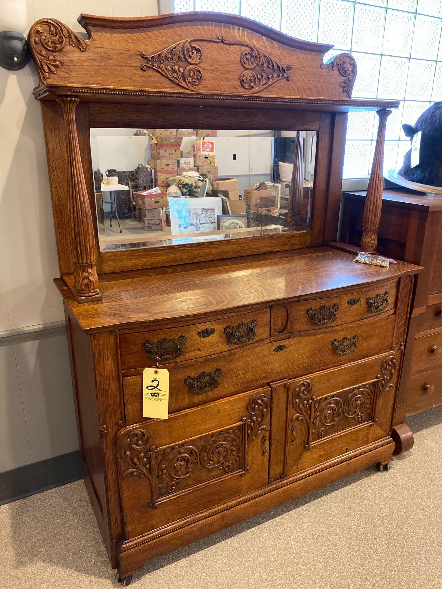 Fancy Oak Buffet with Mirror and Applied Carvings