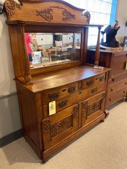 Fancy Oak Buffet with Mirror and Applied Carvings