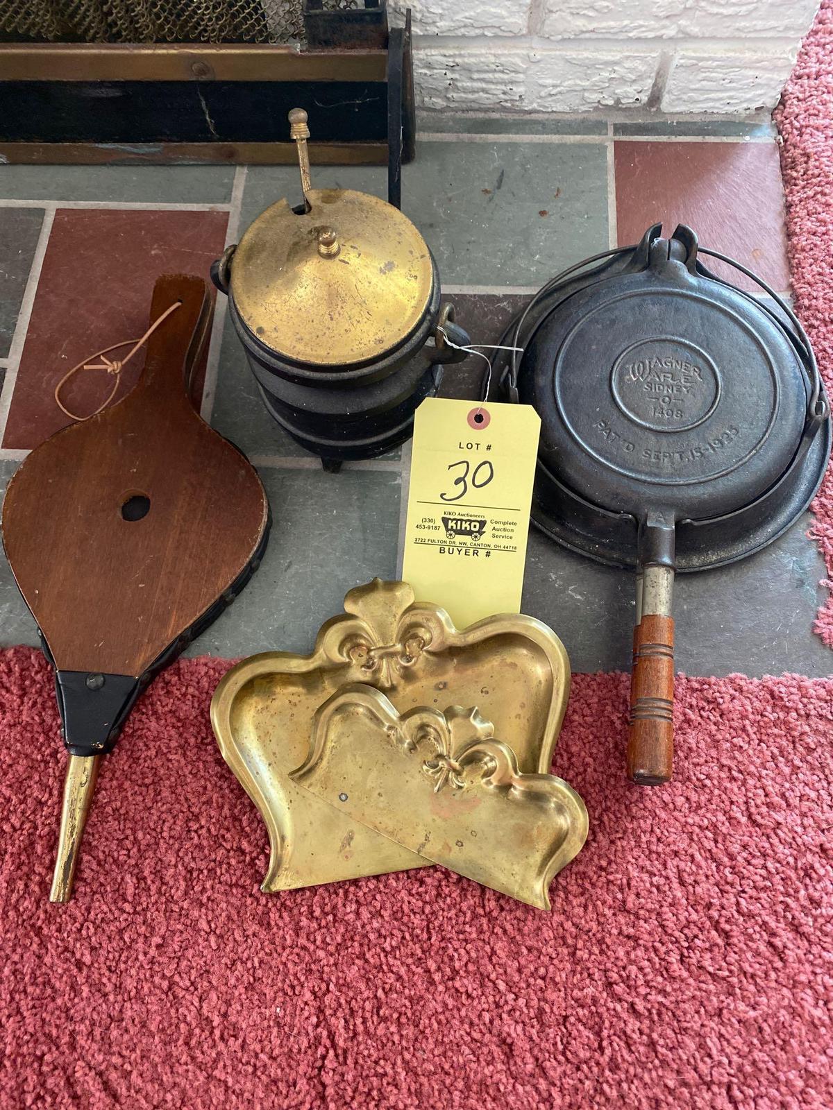 Wagner 1925 patent waffle maker, bellows, fire starter, 2 crumb trays.