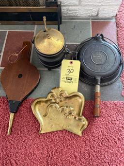 Wagner 1925 patent waffle maker, bellows, fire starter, 2 crumb trays.