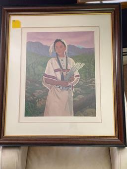 Pencil signed K. M. Frecura #314/350 Indian maiden print, 28 x 32 frame size.
