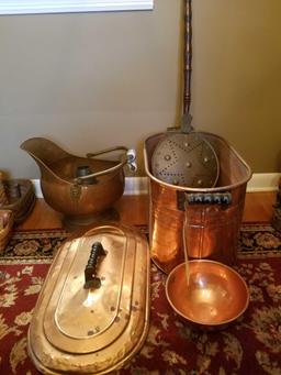 Copper boiler, ash bucket and brass chestnut roaster
