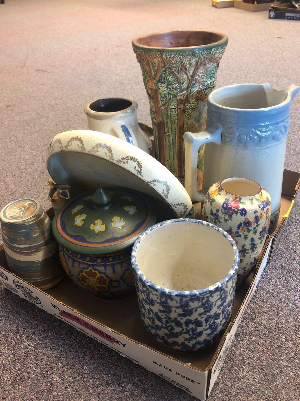 2 flats pottery vases, pitchers, etc, most is chipped or cracked or repaired