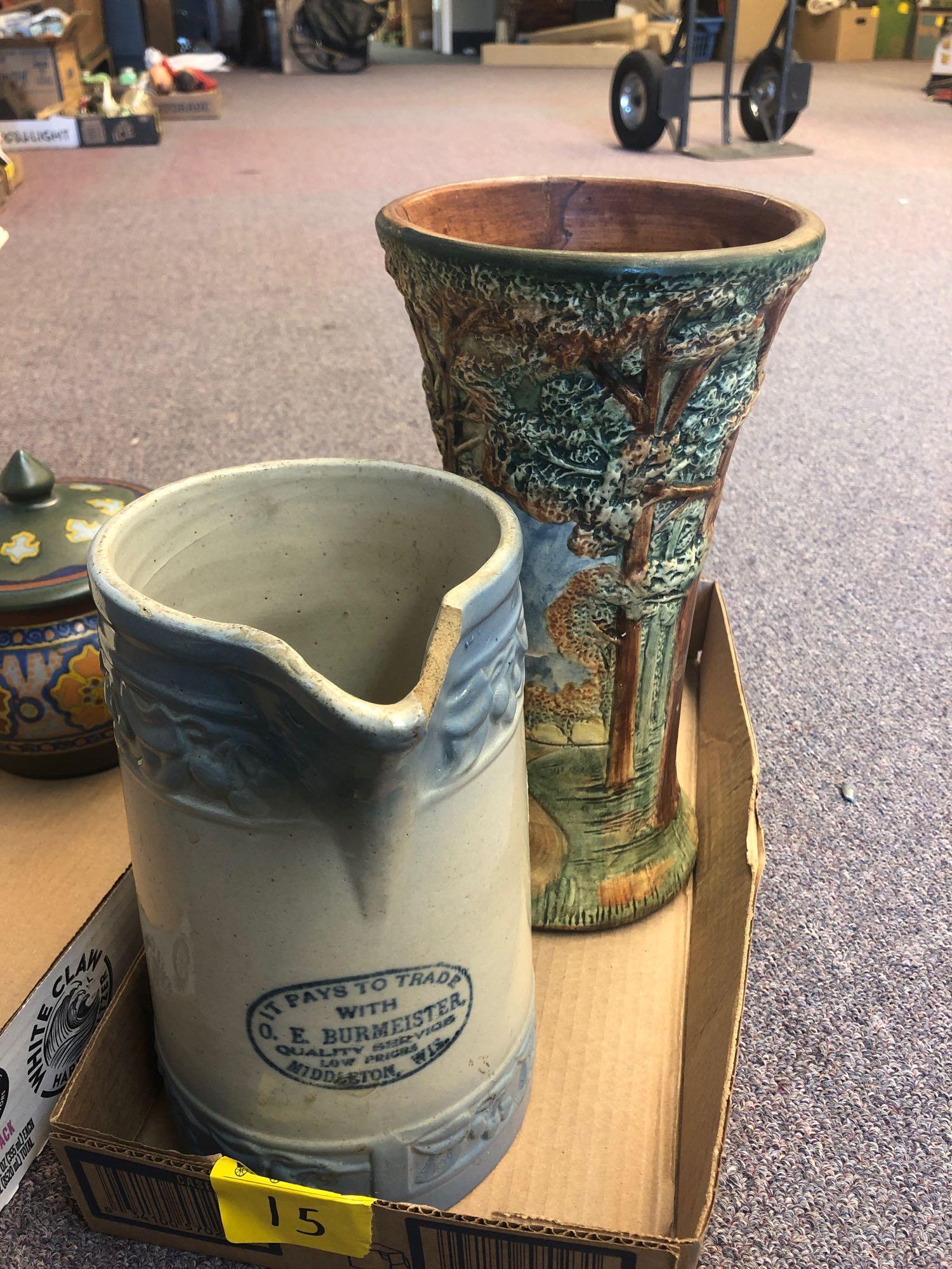 2 flats pottery vases, pitchers, etc, most is chipped or cracked or repaired