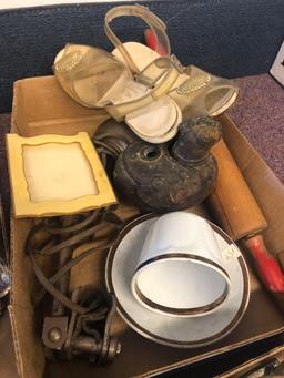 3 flats glassware, shoes, etc