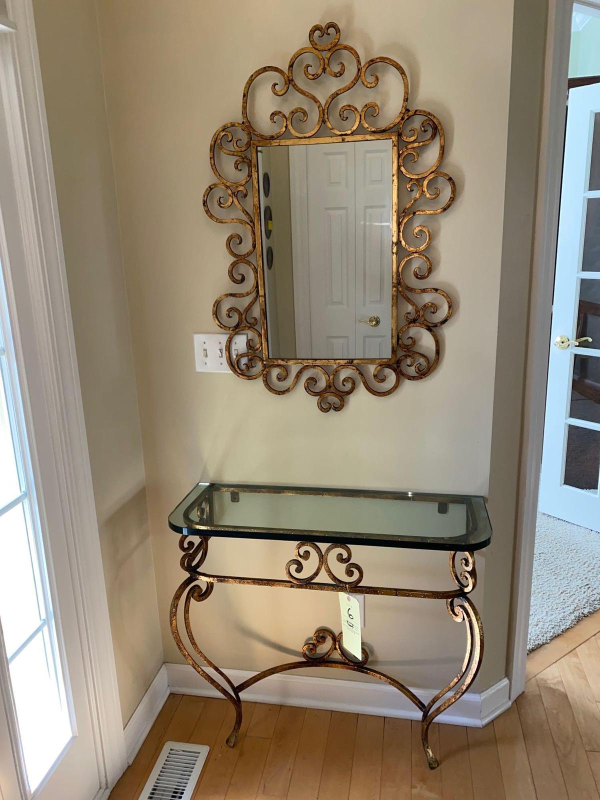 Metal foyer glass-top console stand w/ matching wall mirror.