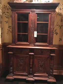Two pc heavily carved china hutch