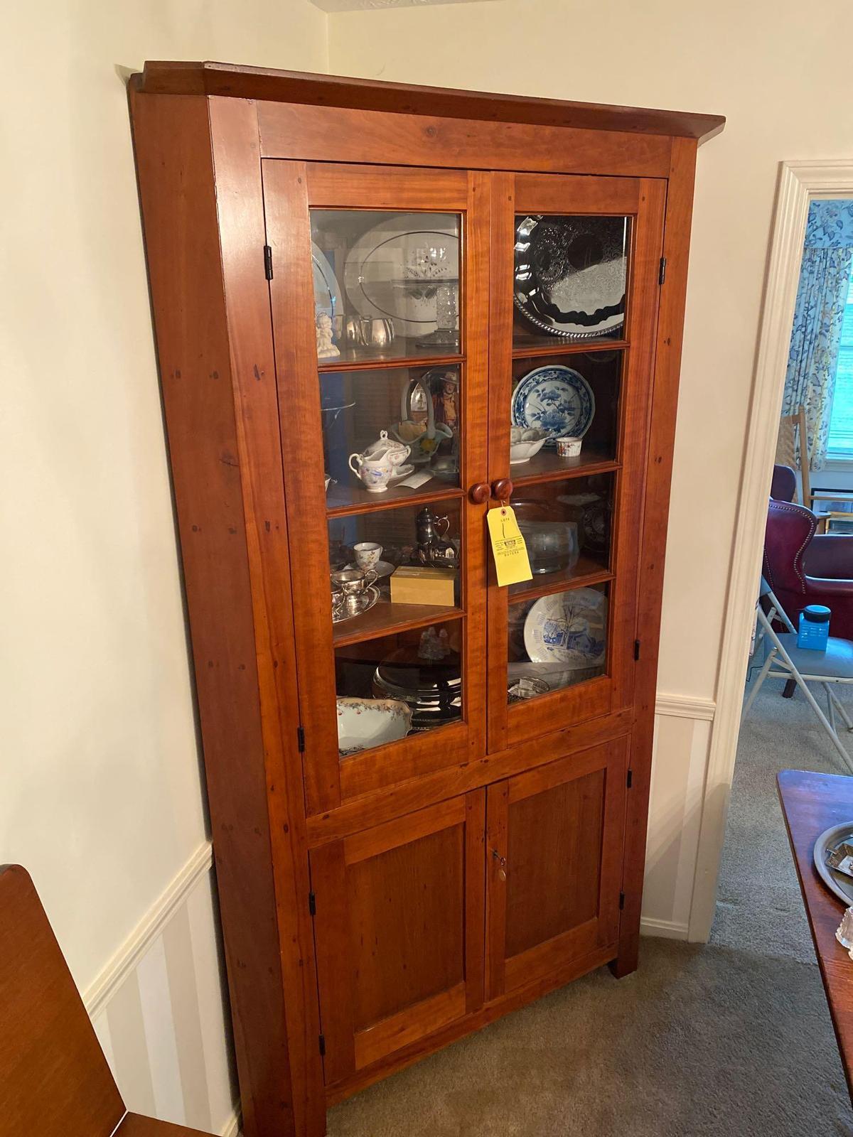 8 pane cherry antique corner cupboard