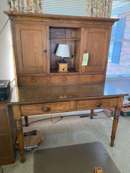 Antique oak desk - 2pc - glass top - with coffee mill lamp