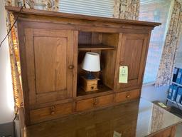 Antique oak desk - 2pc - glass top - with coffee mill lamp