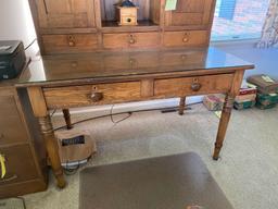 Antique oak desk - 2pc - glass top - with coffee mill lamp