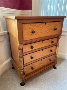 Old youth size chest w/ (4) curly maple dovetailed drawers, 30.5" tall x 25" wide.