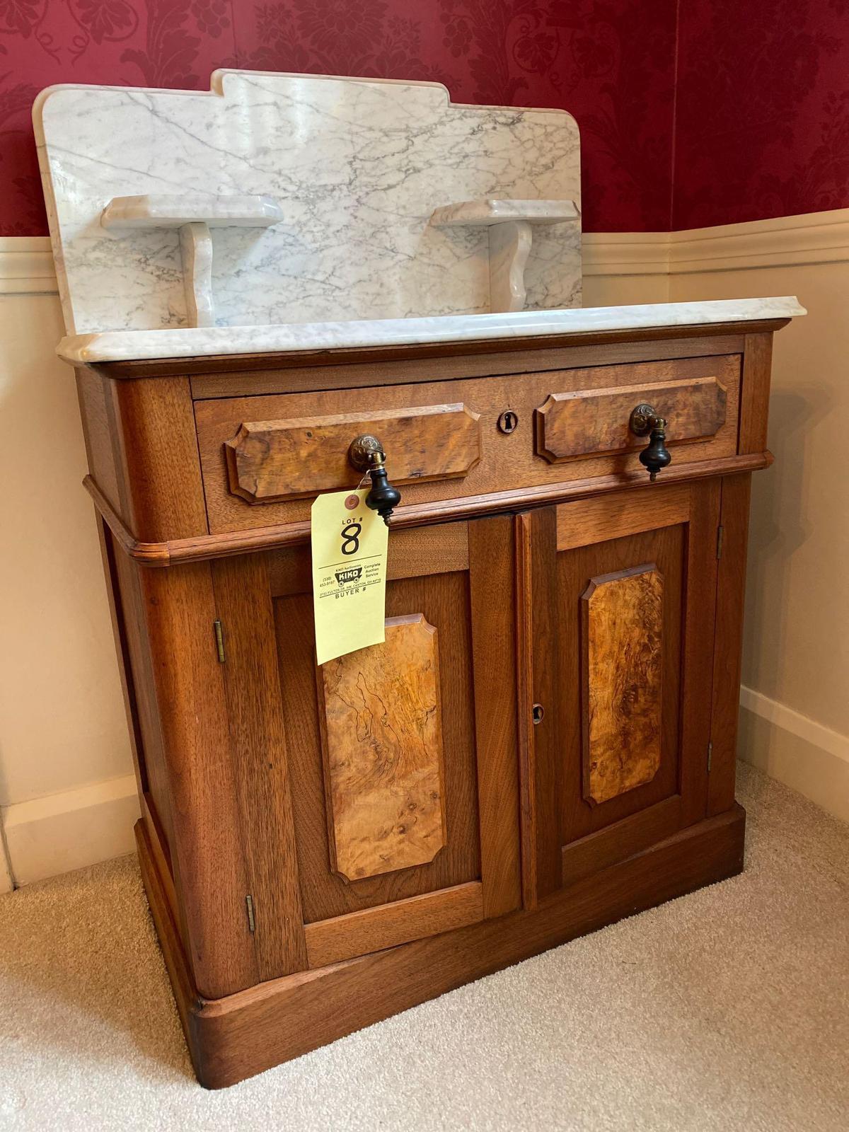 Victorian burled walnut marble-top washstand, 40" tall x 30" wide.
