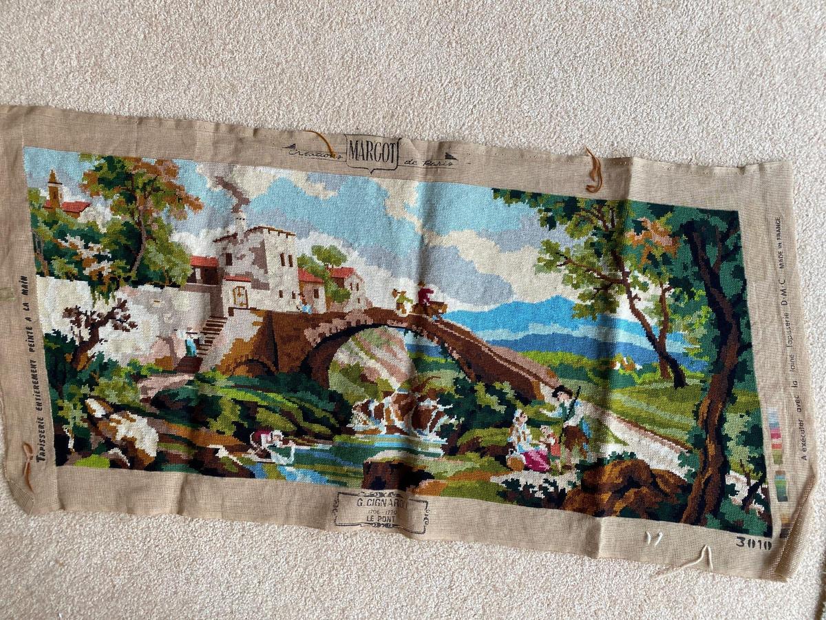 Margot of Paris "Cignaroli Le Pont" needlepoint scene, 19" x 43" scene size.