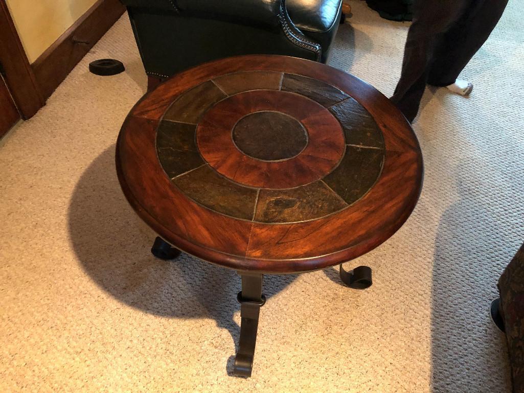 Round inlaid top lamp table with wrought iron legs