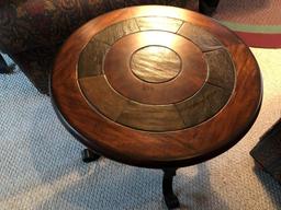 Round inlaid top lamp table with wrought iron legs