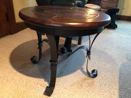 Round inlaid top lamp table with wrought iron legs