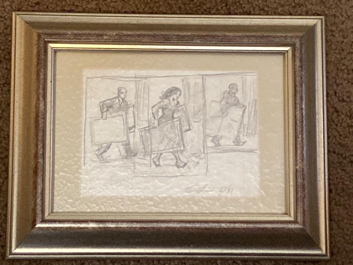 Clyde Singer original pencil, "Art Movers", 3.5 x 5 scene, 7 x 9 frame.