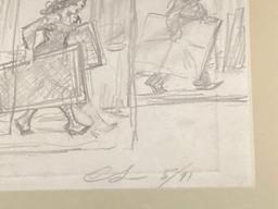 Clyde Singer original pencil, "Art Movers", 3.5 x 5 scene, 7 x 9 frame.