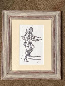 Clyde Singer, "Waiting for a Drink" original pen on paper, 1985, 7.5" x 4.5" scene, 11 x 13 Frame.