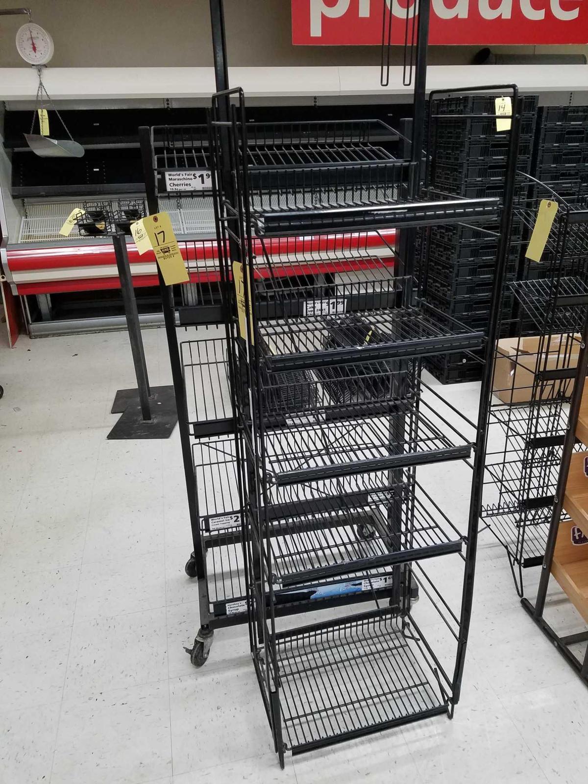 2 wire rack displays, one with casters