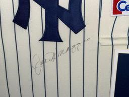 Framed Yankees size 52 jersey w/ Joe DiMaggio autograph, 1839-1939 Centennial patch, 34 x 42 frame