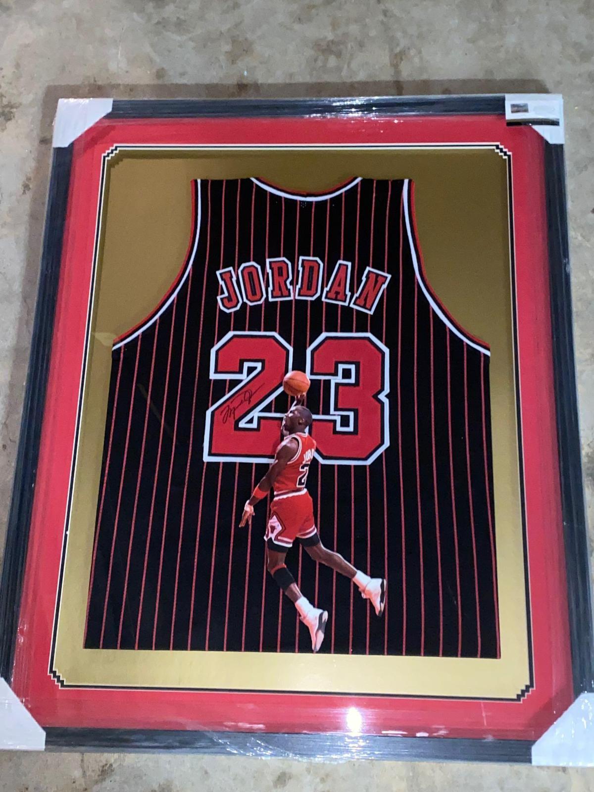 Michael Jordan autographed jersey, 36 x 42 frame, Forensic DNA COA #93384.