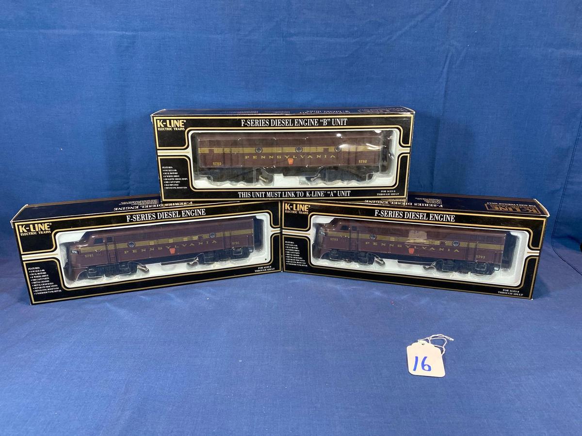 K-Line Pennsylvania railroad F- Series diesel locomotives and B unit 3 pc set