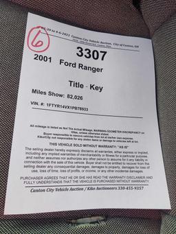 #3307. 2001 Ford Ranger, Vin #1FTYR14VX1PB78933, Key, Title
