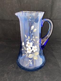 Enamel decorated blue glass 9" pitcher
