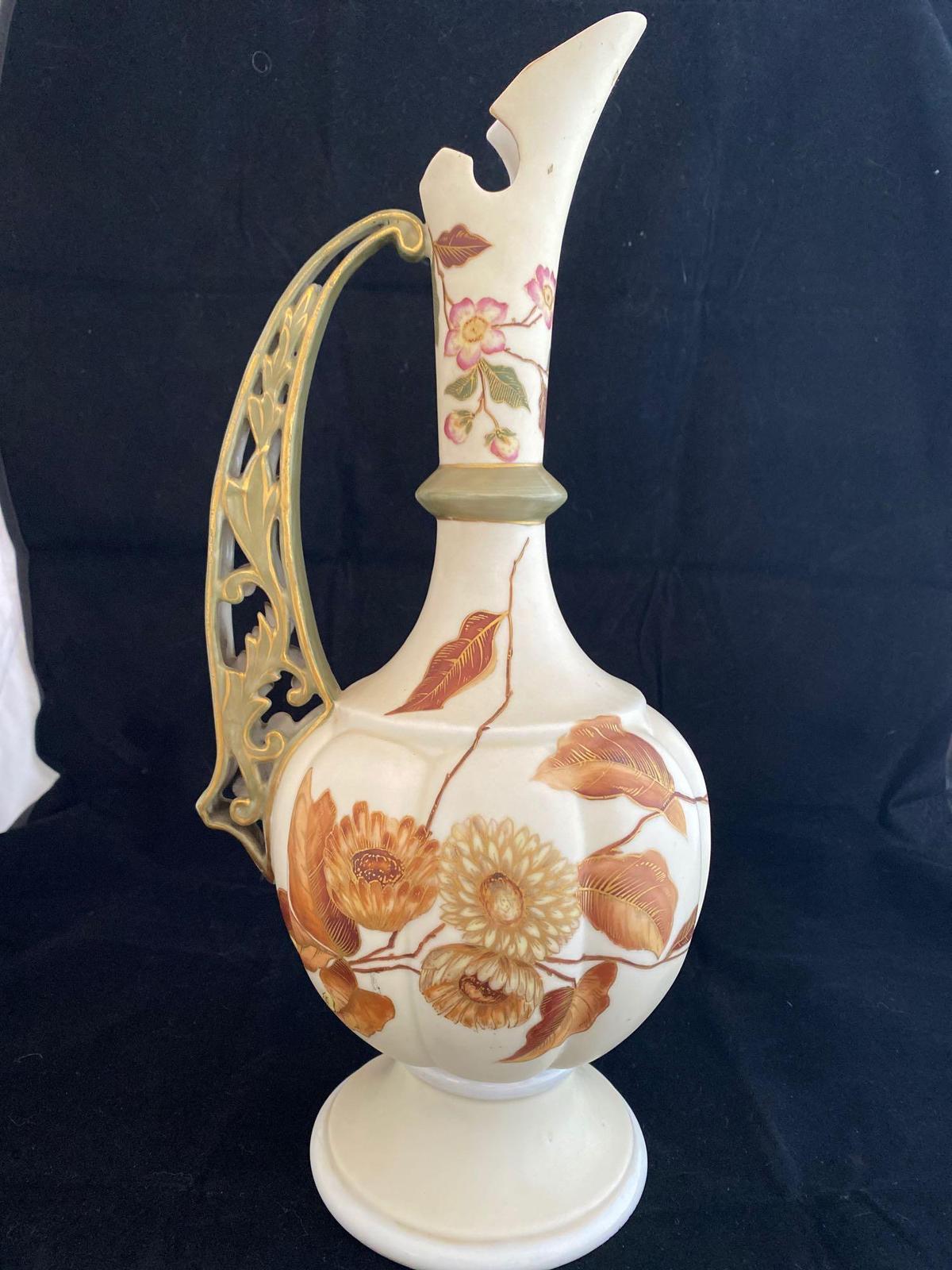 Marked "RW" hand painted pitcher, 14.5" tall