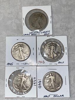 (5) Liberty Walking silver half dollars (two 1940, 1943, 1945, & worn date). Bid times five.