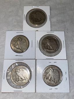 (5) Liberty Walking silver half dollars (two 1940, 1943, 1945, & worn date). Bid times five.