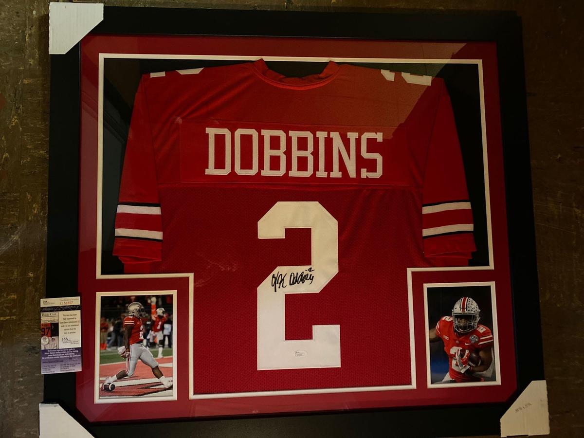 Dobbins signed Ohio State jersey, 35.5" x 31.5" frame, JSA COA #U53167.