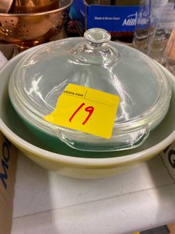 2 Pyrex bowls, Fenton white small pitcher and sugar bowl,
