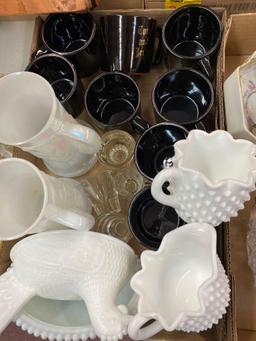 2 Pyrex bowls, Fenton white small pitcher and sugar bowl,
