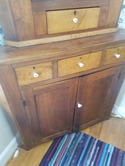 2 piece step back corner cupboard with burl drawers