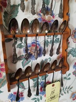 Silverplate souvenir spoons with holder, 18 total, wood shelf