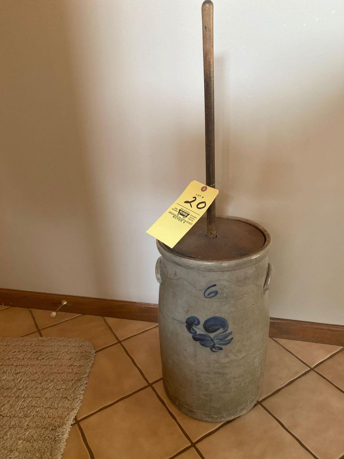 Blue decorated #6 stoneware butter churn.