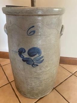 Blue decorated #6 stoneware butter churn.