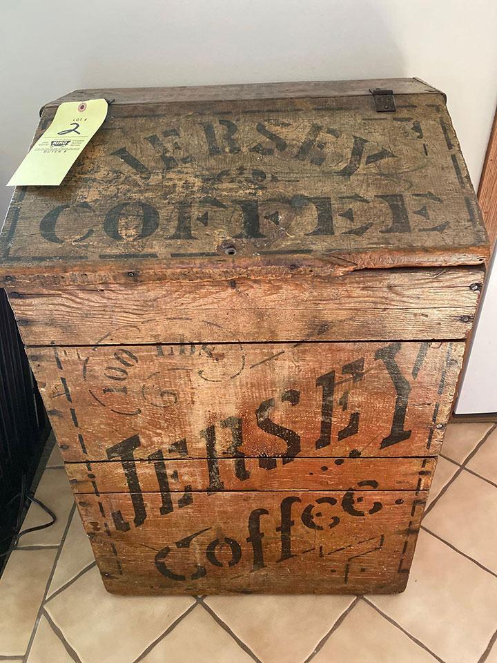 Jersey Coffee 100 lbs. wood lift top bin, 32" tall x 22.5" wide.