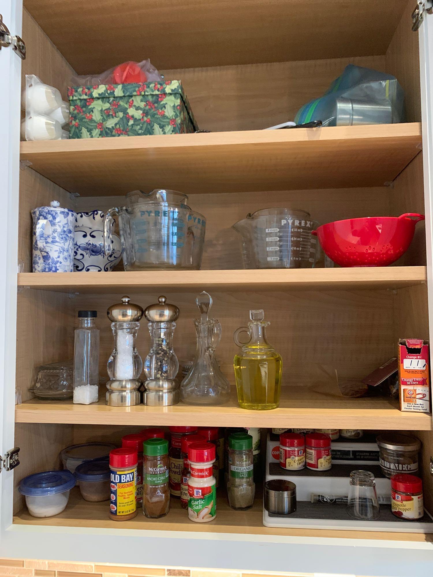 Contents of kitchen cupboards, cookware, dishes and more