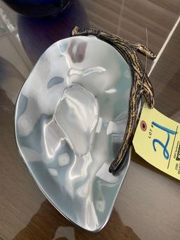 Aluminum stag horn dish, blue art glass bowls