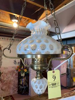 Fenton opalescent coin spot ceiling swag lamp.