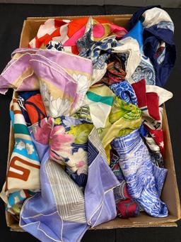 Box of silk scarves many different patterns