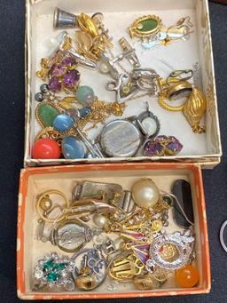 Sterling and non-sterling jewelry, dresser box, gold metal framed picture